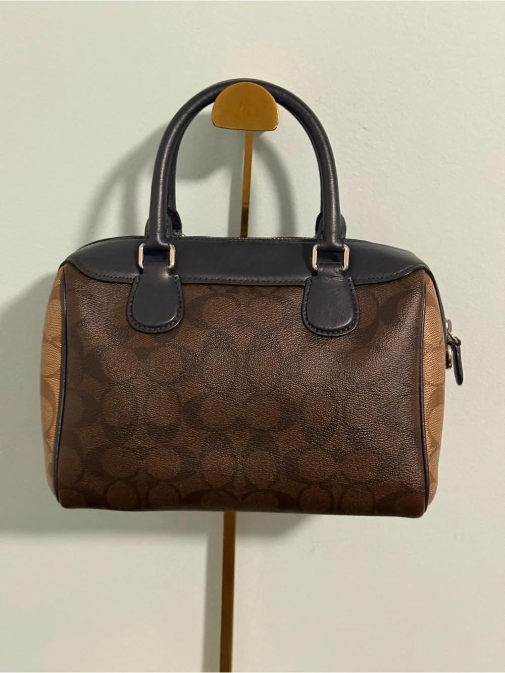 COACH Signature Canvas Satchel in two shades of brown and Navy Leather Trim! 🤩